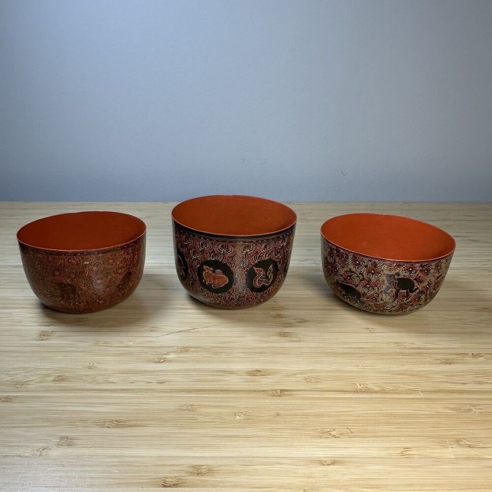Vintage Burmese Lacquerware Bowls Cups 3- Pieces Burma Horsehair Bamboo Handmade